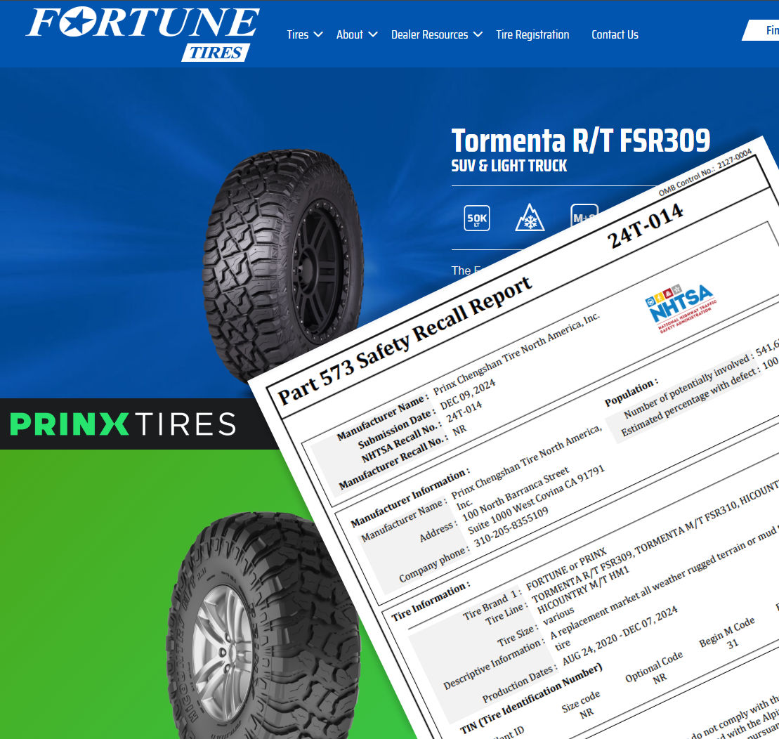 US recall for more than half a million Fortune & Prinx tyres